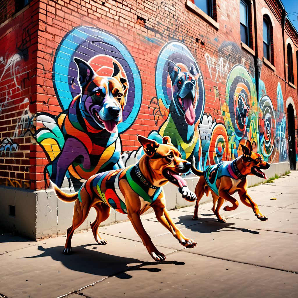 high detail, high quality, masterpiece, absurd resolution ,
mad-clfcrcle colored dogs running through urban landscape, grafitti on brick walls.