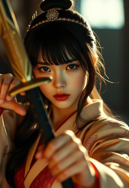 Stunning 35mm photo of a 22 years old Dutch woman,( Soft Lighting Photography by Mimoza Veliu and Mario Giacomelli:1.2), NSFW, by (((Ilya Kuvshinov) and Jessica Rossier) and Phil Noto) and Hisui Sugiura, gold, princess wielding a katana, shallow depth of field, nipples