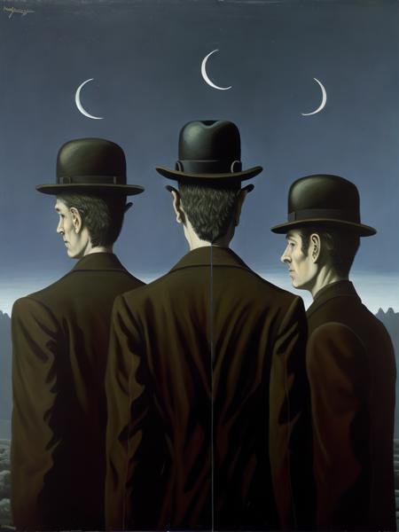 <lora:ReneMagritte:1>a painting of three men with hats and the moon in the sky