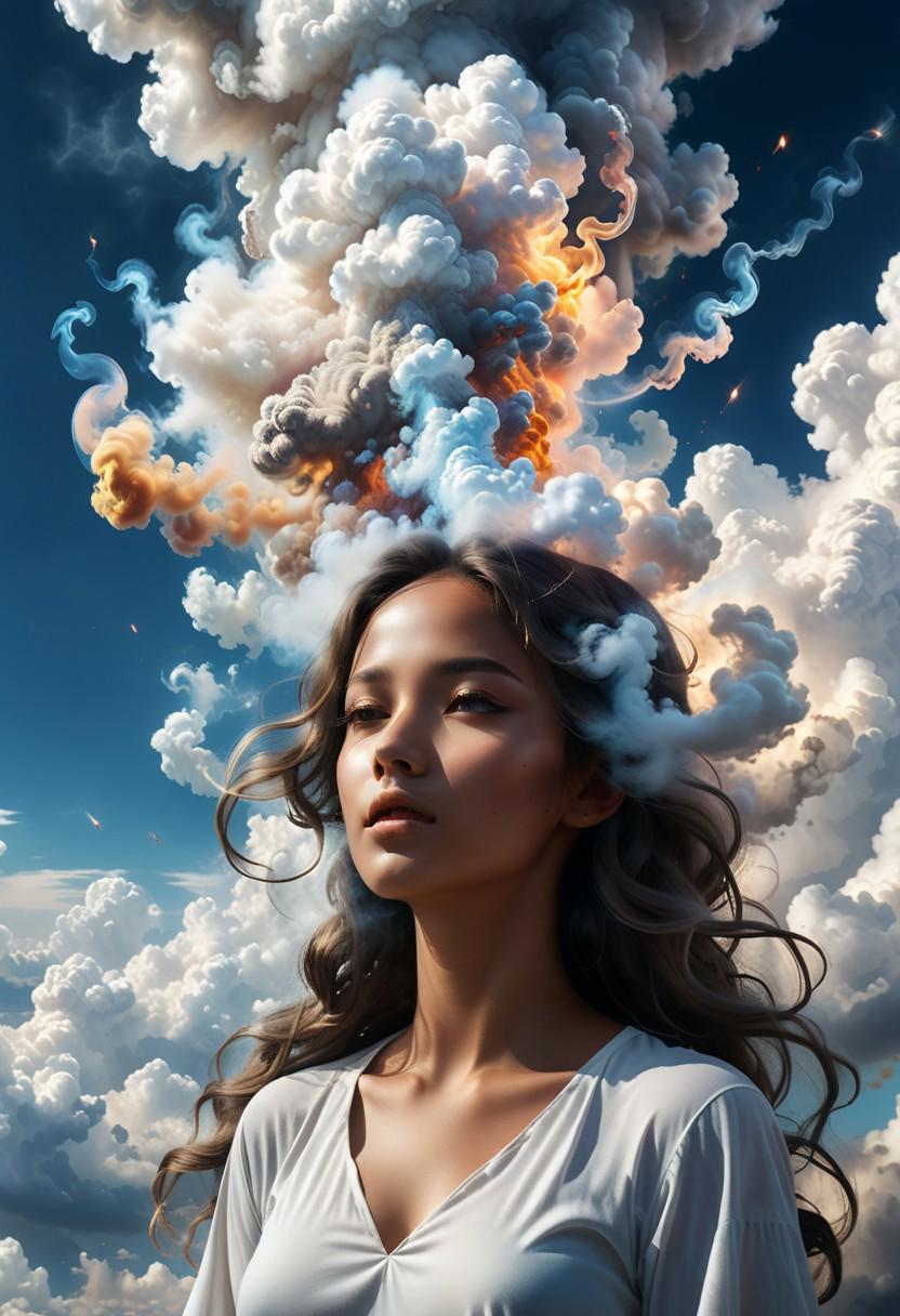 "Epic Scenic ethereal magical heavenly smoke and clouds with a smoke and clouds made of holy Smoke and clouds, godly girl shape of cloud, hyperrealistic, very detailed, shape of an ethereal smoke and cloud, scenic heavenly view, Hyperrealistic, splash art, concept art, mid shot, intricately detailed, color depth, dramatic, 2/3 face angle, side light, colorful background"