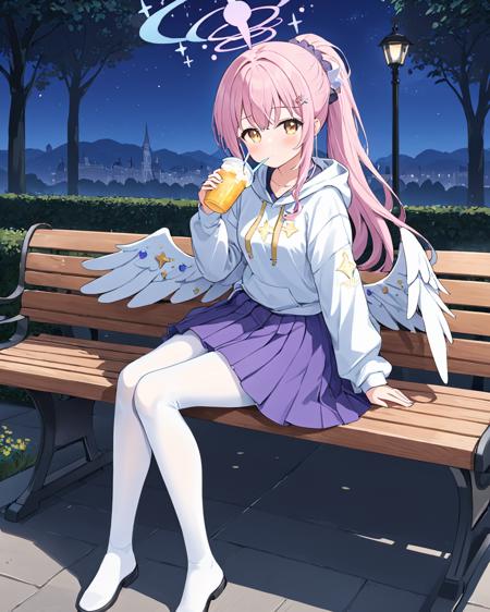 breathtaking,mika \(blue archive\),1girl, solo, looking at viewer, blush, skirt, hair ornament, long sleeves, holding, sitting, ponytail, pantyhose, pleated skirt, outdoors, wings, shoes, cup, hoodie, halo, scrunchie, hood down, crescent, holding cup, feathered wings, hair scrunchie, white pantyhose, purple skirt, angel wings, drinking straw, white wings, drinking, bench, low wings, disposable cup, white hoodie, park bench, on bench, drinking straw in mouth
 <lora:Mika_image124_v1:1> . gorgeous,key visual, vibrant, studio anime,award-winning, professional, highly detailed,high budget, cinemascope