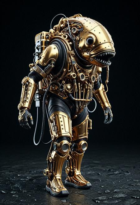 8k, Tilt shift photography style, qu4ntum, mechanical whale head zombie, walking, gas mask, squid gold part, gold tactical armor, shick shark arms, black face visor, mechanical back pack, gold circuits, valve on body, walking on the cave, simple dark background, minimalist,