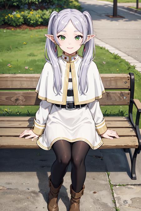 frieren,green eyes,long hair,twintails,parted bangs,earrings,jewelry,dress,long sleeves,white capelet,belt,black pantyhose,boots,brown footwear,