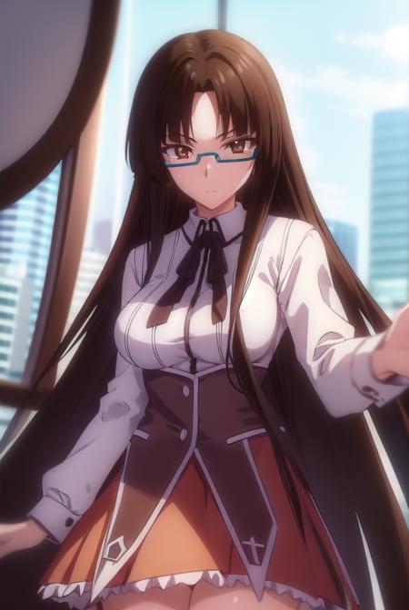 tsubakishinra, <lora:tsubaki shinra anime s2-lora-nochekaiser:1>,
tsubaki shinra, long hair, black hair, (brown eyes:1.5), glasses, semi-rimless eyewear, under-rim eyewear, (parted bangs:1.5), bangs, blunt bangs,
BREAK shirt, ribbon, school uniform, white shirt, black ribbon, neck ribbon, long sleeves, skirt, red skirt,
BREAK indoors, classroom,
BREAK looking at viewer, (cowboy shot:1.5),
BREAK <lyco:GoodHands-beta2:1>, (masterpiece:1.2), best quality, high resolution, unity 8k wallpaper, (illustration:0.8), (beautiful detailed eyes:1.6), extremely detailed face, perfect lighting, extremely detailed CG, (perfect hands, perfect anatomy),