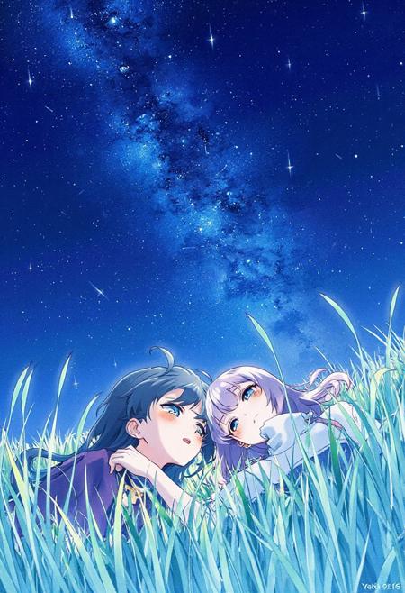 Vertical 9:16 cinematic anime scene, starry night sky filled with meteor showers, anime boy and girl lying in tall grass, heads close together, silent wonder in their eyes, dreamy blue-purple pastel night, hyper-detailed watercolor anime scene.
