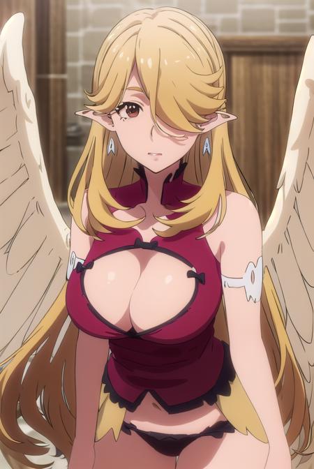 misalie, long hair, blonde hair, very long hair, pointy ears, (hair over one eye:1.5), mole, mole under eye, (brown eyes:1.5), cleavage, jewelry, underwear, panties, earrings, wings, clothing cutout, feathered wings, angel wings, white wings, red panties,