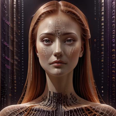 Portrait of gorgeous female wearing red digital long dress, long red hair, freckles,  streams of colorful digits, matrix, masterpiece, inspired by Leyendecker, ornamental, throne, iridescent, detailed, abstract, ornamental dress, occult ceremonial mask,
<lora:Code__Digital_World_Morph_v2_PONY_XL_by_UOC:1.4> codeandigital, cyberw0rlds, c0dean0igital