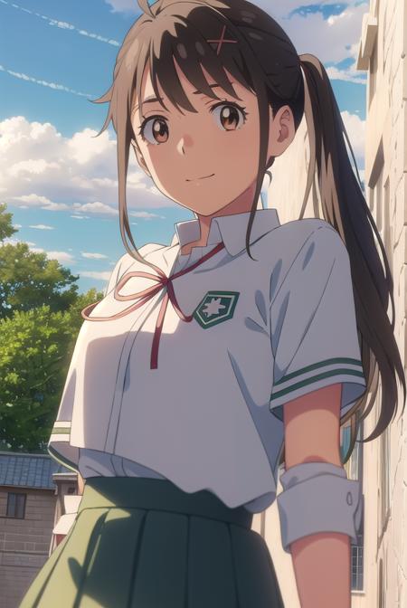 suzumeiwato, <lora:suzume iwato movie-lora-nochekaiser:1>,
suzume iwato, long hair, black hair, hair ornament, (brown eyes:1.5), hairclip, ponytail, smile,
BREAK skirt, shirt, ribbon, school uniform, white shirt, red ribbon, green skirt, long skirt,
BREAK outdoors, sky, day, cloud, sun,
BREAK looking at viewer, (cowboy shot:1.5),
BREAK <lyco:GoodHands-beta2:1>, (masterpiece:1.2), best quality, high resolution, unity 8k wallpaper, (illustration:0.8), (beautiful detailed eyes:1.6), extremely detailed face, perfect lighting, extremely detailed CG, (perfect hands, perfect anatomy),