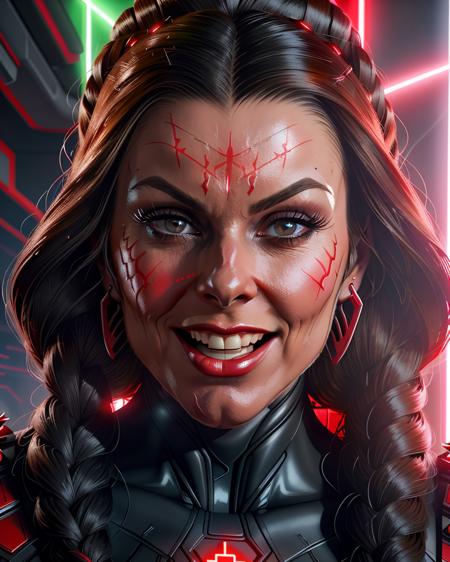 solo, woman with detailed braided hair with ribbon spikes, close up shot, detailed face, (kendralust) <lora:kendralust_v2:1> as a sith lord, full red sith face paint, sigils, runes, red skin, (red yellow glowing sith reptile eyes), (cybernetic robotic lower jaw mouth), in front of abandoned temple, red lightsaber, wearing a detailed spiky chin strap carapace metal with jaw and ears covered, looking at viewer, crazed evil gleeful smile, masterpiece, professional, high quality, beautiful, photoshoot, 4k, detailed background, red neon lighting, sci-fi, futuristic