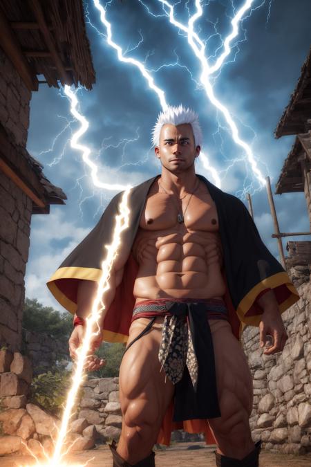 male, solo, bara, safe, black sclera, glowing eyes, front view, dungeon , kimono, fundoshi, lightning, magic, fantasy, outdoors, white hair,  <lyco:peron-25:1.0>