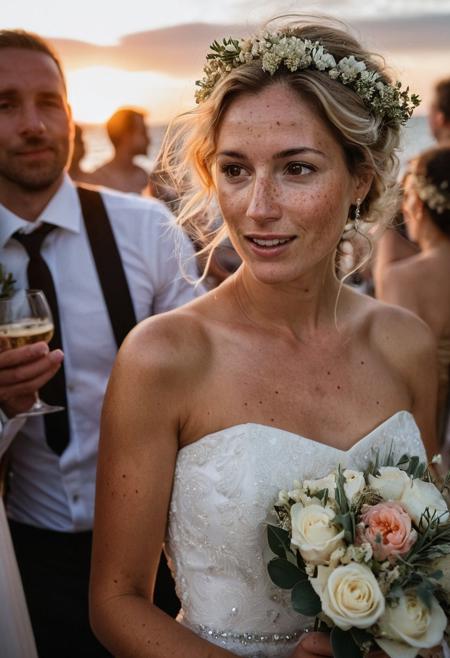 Stunning 35mm photo of a 42 years old Dutch woman, ((an breathtaking wedding dress)), very pretty, fit, skinny, highly detailed face, highly detailed skin, freckles, many freckles on arms and tits, freckles and moles all over body, natural breasts, perfect breasts, hard nipples, Rounded ass, blonde hair, pubic hair, short hair, messy hair, medium hair, brown eyes, highly detailed skin, highly detailed face, in love, happy, detailed pupils, at her wedding party, in a beach club on the Dutch coastline, holding a pretty bouquet of flowers, emotional face, emotional but happy while listening to her new husbands' beautiful speech, sunset, you can tell from the expression on her face that she is highly sexually aroused, low light, soft natural light, Rembrandt style light, made with a Hasselblad camera, 35mm, film grain, masterpiece, sharp focus, ((Photorealistic:1))