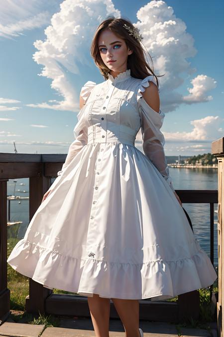 best quality, masterpiece, photorealistic, ultrarealistic,   professional photograph shot on Canon EOS R6, 80mm, moody lighting,   (beautiful 24 yo swedish angel with large angel wings, edgCloud,  wearing a dress made of clouds,fantasy romantic, solo, detailed eyes, looking at viewer, beautiful, , fantasy, , smirk, romantic, solo, heaven, enveloped in clouds, heavenly clouds background BREAK (blonde hair, mid parted hair, straight hair, long hair:1.2), pronounced blush, beautiful green eyes  <lora:katiasc0v1:1> katsc0d