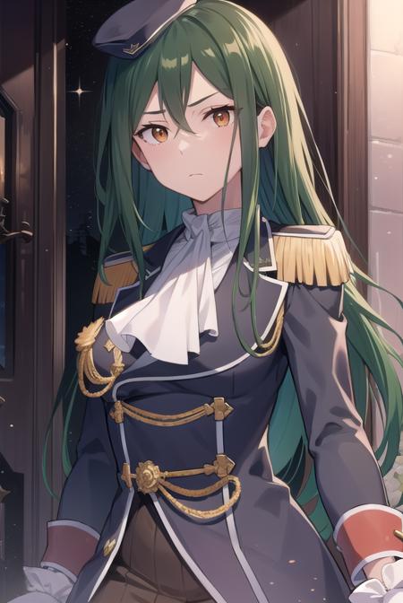 cruschkarsten, <lyco:cruschkarsten-lyco-nochekaiser:1>,
crusch karsten, long hair, hair between eyes, green hair, (brown eyes:1.4),
BREAK gloves, long sleeves, hat, jacket, boots, frills, white gloves, black footwear, uniform, military, ascot, military uniform, armband, epaulettes, white ascot,
BREAK looking at viewer, full body,
BREAK outdoors,
BREAK <lyco:GoodHands-beta2:1>, (masterpiece:1.2), best quality, high resolution, unity 8k wallpaper, (illustration:0.8), (beautiful detailed eyes:1.6), extremely detailed face, perfect lighting, extremely detailed CG, (perfect hands, perfect anatomy),