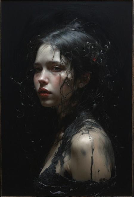 The most Beautiful girl, Black over black, top light, masterful painting in the style of Anders Zorn | Marco Mazzoni | Yuri Ivanovich, Todd McFarlane, oil on canvas