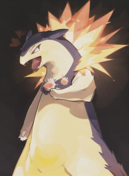 typhlosion, back on fire, open mouth, tongue, fangs, facing viewer, standing, standing, from below, orange background