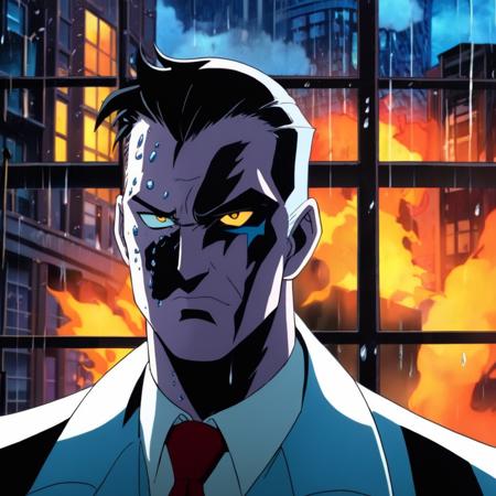 anime artwork of  <lora:Two-Face:1.2>
Two-Face a closeup on a man with a burned one side of face in rain and thunder in background window in Gotham city universe, anime style, key visual, vibrant, studio anime,  highly detailed