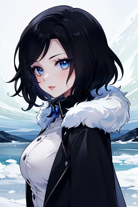 BioshockBurialElizabeth 1girl, solo, black hair, blue eyes, red lipstick