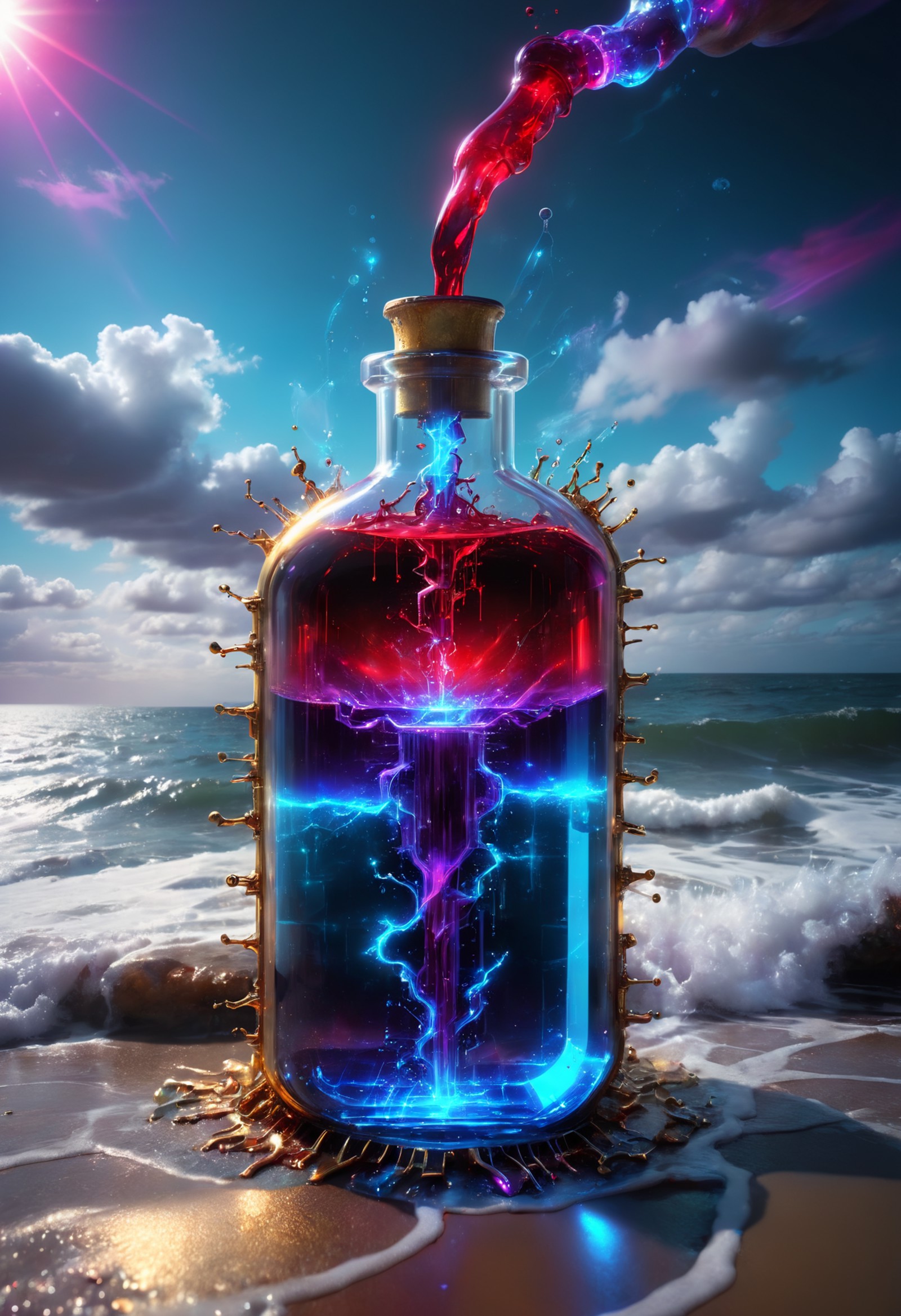iccircuitart,red, purple , sky blue theme,highly detailed image of a magical potion bottle leaking out into the ocean, del...