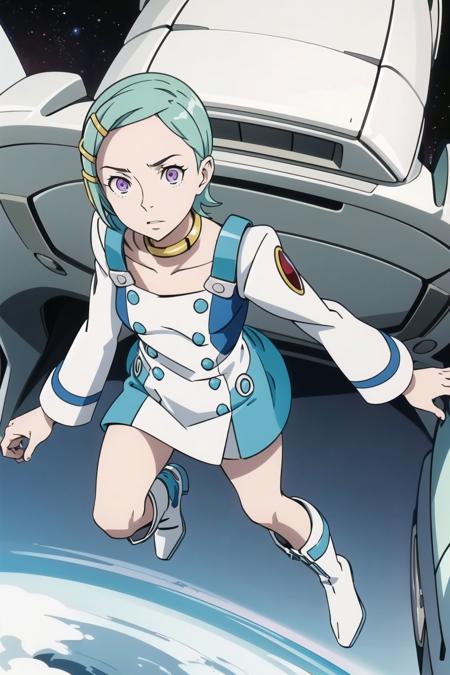 eureka, 1girl, purple eyes, short aqua hair, choker, hairclip, white-blue dress, long sleeves, white-blue boots, flying in space, from above <model:c35e1054c0:non-realism_anime_mistoonAnime_v20> <lora:eureka_v9:1.0>