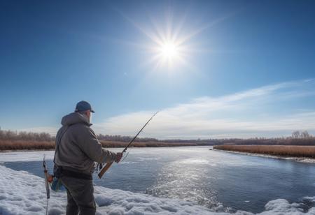 close-up salmon fisherman on the edge of a river, background snowy plain a blue sky with sun in halo, and cirrus clouds,very realistic photography