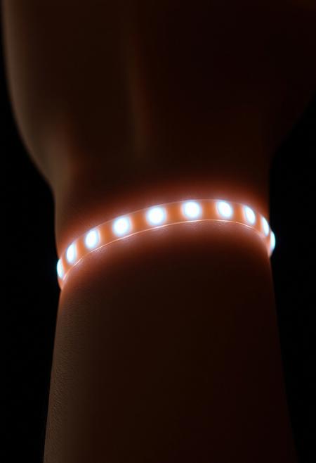 subdermal LED tennis bracelet, (internal LED glow:1.7), (embedded LEDs:1.6) forming a seamless row of glowing light beneath the wrist skin, soft radiance mimicking a classic tennis bracelet, (evenly spaced LED glow:1.6), natural skin tone with soft light diffusion, (high-definition:1.6), ultra-realistic textures, glowing circles following the wrist contour, (classic bracelet light pattern:1.5) beneath the skin, perfect for everyday and formal wear, (worn bracelet:-1.8), (visible jewelry:-1.8), (clunky design:-1.5), seamless integration of light and skin, modern and minimalistic, smooth radiant transitions