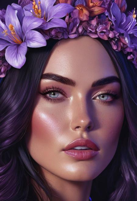 A digital painting art of queen of flower (blend of Ana De Amras and Megan Fox), wear a head piece of flower , up sight (detailed facial features:0.2), high quality, professional photo, (intricate detail), ((incredibly detailed skin:0.38)), Surreal Harmony, cinematic, purple lighting, 8K, HDR10, analog, purple light rays, digital painting  art