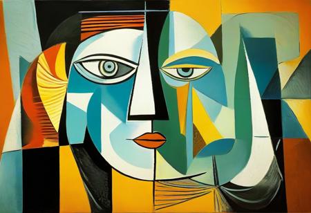 masterpiece, best quality, illustration, style of Pablo Picasso, cubist, complementary colors, abstract landscape,