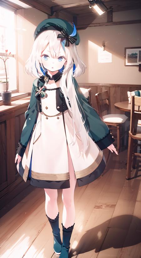 1girl, solo, long_hair, looking_at_viewer, blush, bangs, blue_eyes, simple_background, long_sleeves, hat, white_background, blue_hair, standing, full_body, white_hair, multicolored_hair, boots, parted_lips, open_clothes, virtual_youtuber, wide_sleeves, black_footwear, white_dress, black_bow, buttons, beret, cropped_jacket, green_jacket, green_headwear, double-breasted, libeccio \(azur lane\), Libeccio_Normal, striped bow, strapless dress, cropped_jacket, detached collar, 
indoors, standing, sunshine, tyndall_effect, wooden_floor, white background, ((masterpiece)), (highres), (best_quality), (highly_detailed),  (original),(Delicate background),(extremely detailed 8K wallpaper),cinematic lighting, volume lighting, light particles, shaded_face, beautiful_detailed_eyes, depth_of_field, perspective,<lora:LibeccioAdvanced2.0-000020:1:lbw=char>,<lora:ç¥ç§lora K:0.8>,