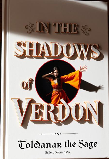 Create a book cover called ("In the Shadows of Verdon"), the letters of the title are 3D embossed white letters on a white background but you can read the dark shadow they cast on the page, the cover is white, in the middle of the book there is a beautiful Summoner brunette woman in fantasy wizard orange clothing being pulled into a black portal with a red edge, there is extreme foreshortening as she extends her arm towards the viewer while her body is pulled inside the black portal with the red outline.  The book cover has vivid colors with a color silver and white and red color pallette very well rendered and extremely detailed, at the bottom are the name of the author ("Toldanar the Sage") written in english with a fancy French font surrounded by magical runes