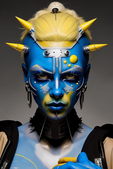 a woman with a blue face and yellow face paint and a blue head with silver spikes on his head, Enki Bilal, cyberpunk style, cyberpunk art, afrofuturism