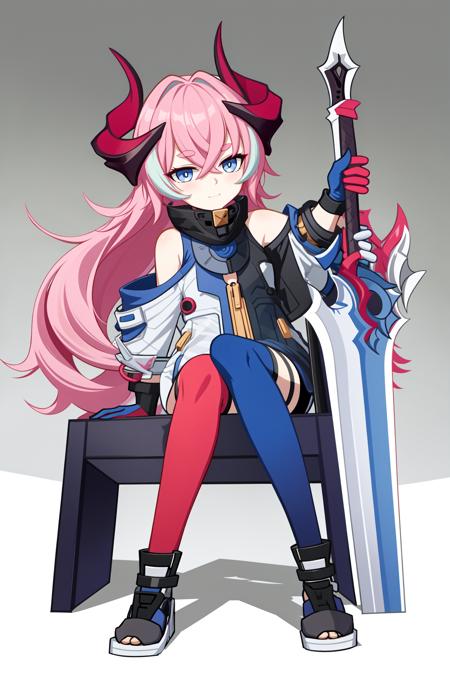 delta honkai3rd,<lora:delta-000015:0.8>,asymmetrical legwear,red legwear,blue legwear,expressionless,sitting on the throne,weapon,pink hair,sword,horns,sitting,solo,long hair,blue eyes,looking at viewer,thighhighs,mismatched legwear,bangs,full body,closed mouth,gloves,crossed legs,asymmetrical legwear,bare shoulders,shoes,jacket,holding weapon,smile,black gloves,holding,holding sword,long sleeves,, 1girl,
,  (masterpiece,best quality:1.2),absurdres