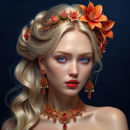 Ultra realistic color pencil drawn portrait of a beautiful 20yo blonde female with red and orange flowers in her hair, large intricate  golden earrings and a detailed and intricate golden necklace. (looking at viewer), (beautiful blue-gray eyes), (ruby red lipstick),
BREAK
Deep dark intense (midnight blue hazy background:1.6),
dynamic lighting, (soft shadows), (soft focus),  (photo realistic), uhd, 8k