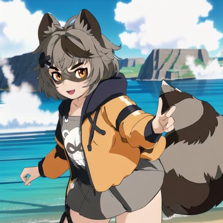 <lora:Snuffy:1>  ghibli style, cell shading, Snuffy, raccoon girl, raccoon tail, raccoon facial markings, masterpiece, best quality, CG, wallpaper, HDR, high quality, high-definition, extremely detailed, (1girl:1.5), close up, solo, dynamic pose, full body, small breast, (cute face), hair ribbon, black ribbon, glowing eyes, oversized clothes, orange jacket, hdr, [semi-realistic:1.2:20], ray tracing, light, cloud, sky, depth of field, ocean background <lora:studioGhibliStyle_offset:1>