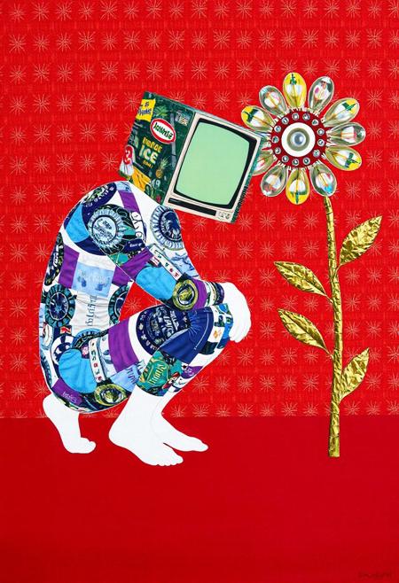 JNANX,luminous white silhouette,cyan glow,emerald highlights,flickering outline,dreamlike movement,
A detailed mixed-media collage. A central humanoid figure is depicted in a crouched, contemplative pose, its body a vibrant patchwork of diverse fabric swatches in shades of blue, purple, and white, featuring circular motifs, floral designs, and geometric patterns. The figure's head is replaced by a retro-style television set, angled upwards, its screen a pale, blank greenish-white, and its casing adorned with colorful commercial packaging designs, including pineapple imagery. To the right, a stylized, somewhat mechanical flower-like structure stands on a slender, textured golden stalk; its 'bloom' is a composite of found objects, including a central red and white circular element, surrounded by translucent petal-like pieces and metallic accents. The background is a vivid, textured red canvas with a repeating pattern of small, golden-yellow asterisk or starburst shapes. A solid band of deeper, matte red forms the ground upon which the figure rests.