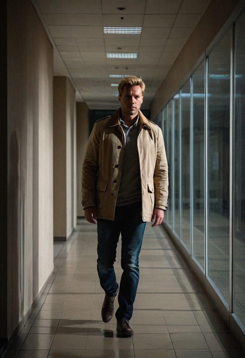 photograph, man, a handsome 35 year old man in a beige jacket with short flaxen hair, walking in an empty hallway with multiple glass panes on the side, shadows and darkness, suspenseful scene, face portrait, close-up, shadows on face, intense look, empty mall, cinematic light, dramatic lighting