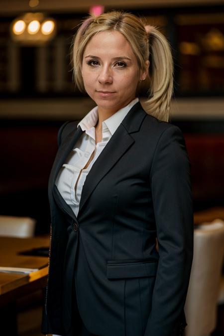 business suit, in a restaurant,  <lora:Sarah_Jane_Honeywell:1> masterpiece,best quality, detailed face, 1girl, solo, sj1873h, blonde_hair, pig tails