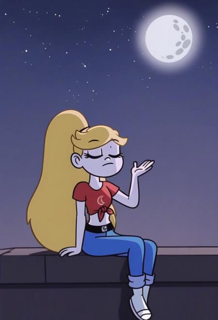 star_acc, blonde hair, long hair,1girl, solo,female, ears, furry, moon, pants, full moon, ponytail, long hair,blonde hair, belt, shirt, sitting, red shirt, makeup, night,ears, arm support, closed eyes, crop top,blue pants, sky, colored skin, hand up, very long hair, midriff, nose, tied shirt, rooftop