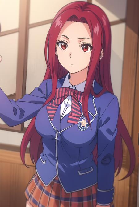 ryouko sakaki,  long hair, (red eyes:1.3), red hair, (forehead:1.2), bow, school uniform, striped, bowtie, blazer, striped bowtie, blue blazer, brown skirt, plaid skirt, plaid, chef, pants, white pants,