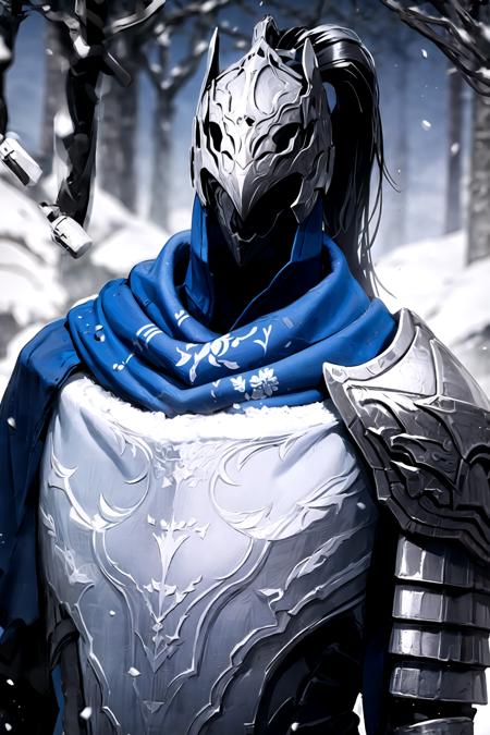 knight, helm, ponytail, blue raincoat, upper body, <lora:Artorias:0.8>, snow,