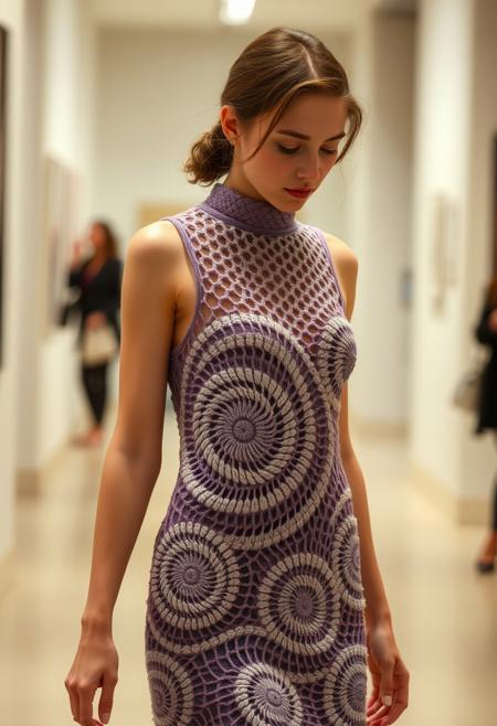 (nubile young woman:1.3), wearing (dress knitted from a single large spirograph pattern:1.6), (intricate spiral knitting:1.4), (dense pattern at core:1.5), (lighter, semi-revealing spirals along edges:1.3), (elegant interplay of skin and fabric), (symmetrical design:1.2), (soft curves in knitted structure), (subtle color gradient through spirals:1.2), (light wind gently moving fabric), (glowing thread highlights:1.1), (graceful, modest design), (urban background or gallery setting), (minimal accessories), (photorealism:-1.4), (mutated anatomy:-1.3), (blurry edges:-1.3), (flat textures:-1.2), (oversaturated colors:-1.2), (bulky fabric:-1.4)