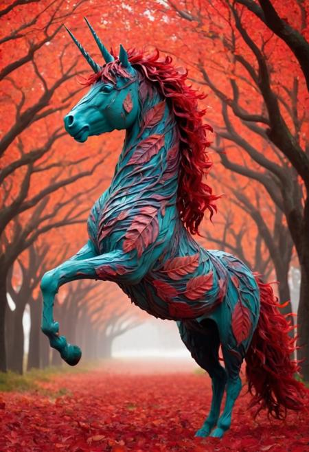 A unicorn with a glowing, bark-like body covered in patterns of RED LEAVES. Its mane flows endlessly with WORLD MORPH LEAVES, scattering into the wind with every motion. The horn resembles a spiraling tree branch encased in glowing embers, and the world around it morphsâmeadows transform into crimson forests, and rivers flow with liquid leaves. Mystical, organic, and surreal. <lora:World Morph Leaves:1>