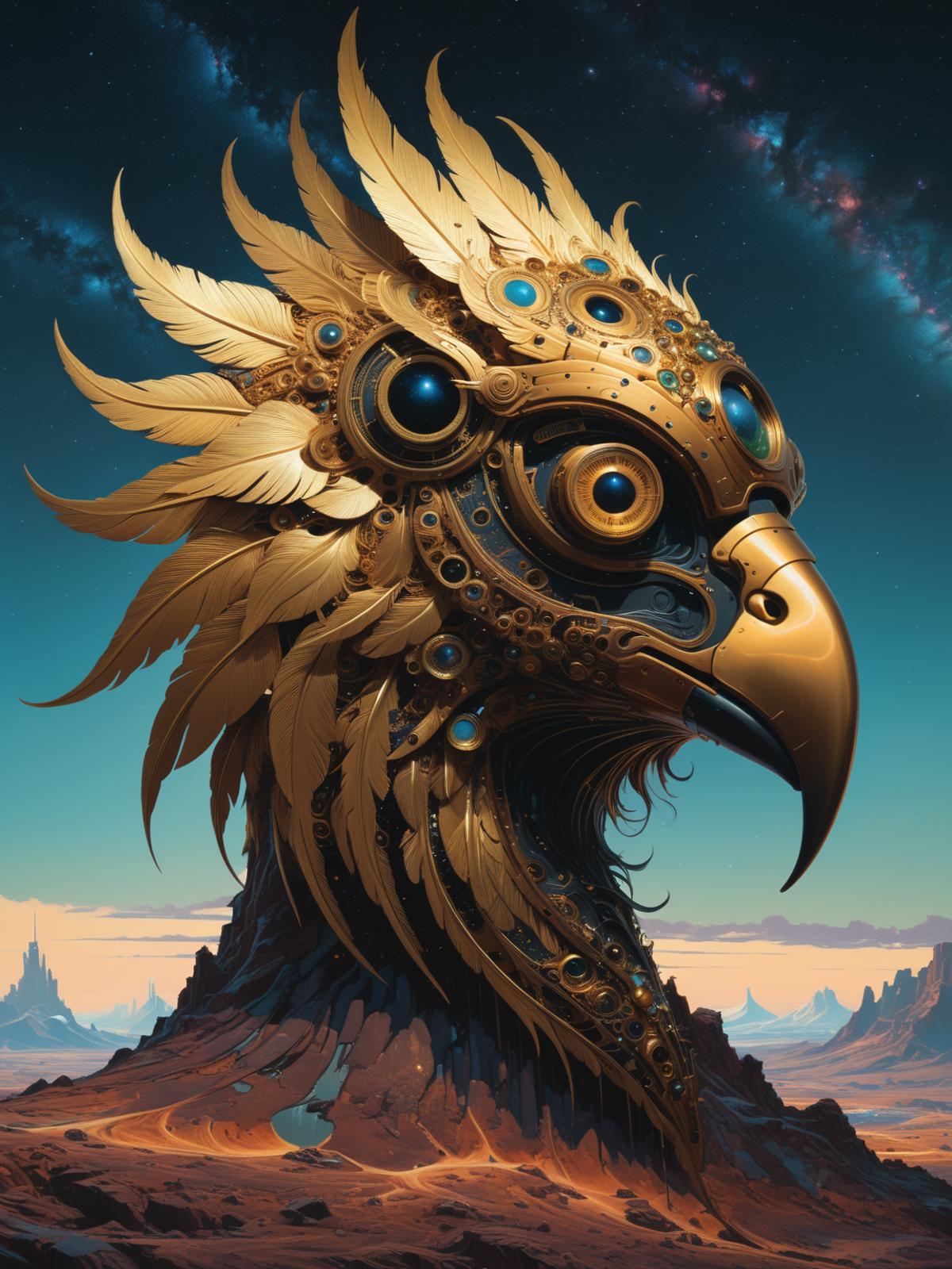 Golden robotic bird statue with blue eyes and feathers in front of a mountain range.