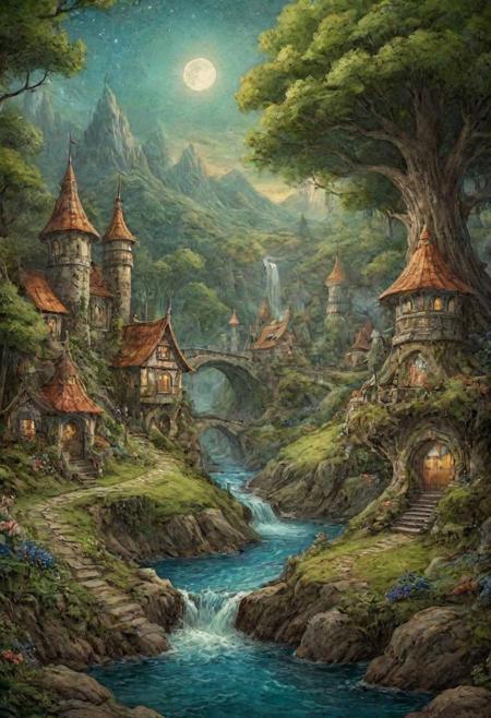 dreamscape a surreal dreamscape of a bright fairy village,filled with ethereal mystery amidst fantastical elements that captivate viewers in an enchanting manner.,
surreal,ethereal,dreamy,mysterious,fantasy,highly detailed,<lora:   _ FantacyWorld_v1.0:0.5>,