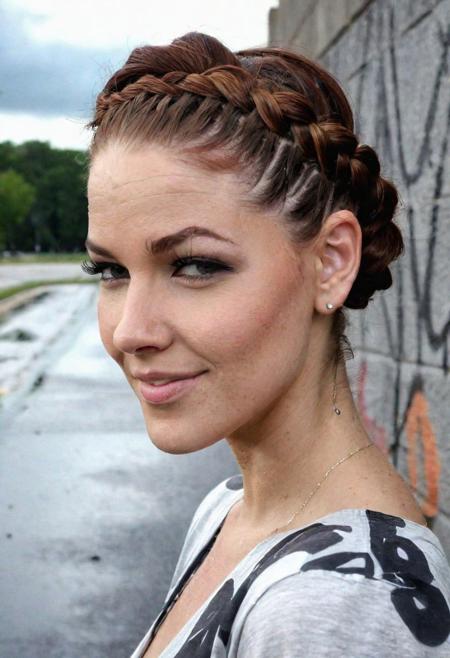 posing, fashion forward, professional, asphalt, graffiti, concrete wall, clouds, rain, sidelighting, dimples, close-up, auburn hair, braided updo, pale