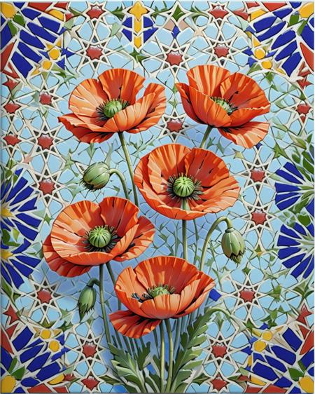 Anime, Oil painting, iznik tiles pattern of a Poppies, Sharp and in focus, Magic Realism, Princesscore, Direct light, studio anime, photorealism, made of zellij, <lora:Zellij:1> zlj-xl