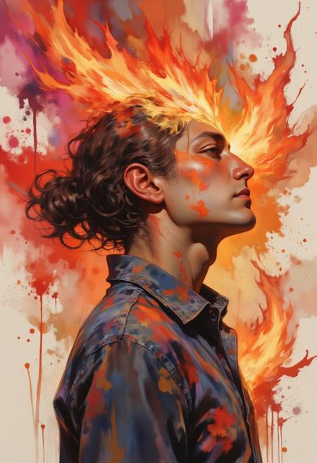 (((The image is a P.S. Watercolor artwork))) A vibrant, expressive right-side profile of a middle-aged man with olive skin, his form glowing in radiant warm tones. His wavy dark brown hair is swept back, painted with fiery sienna and deep crimson washes layered over flickering orange highlights, using dynamic wet-on-dry brushwork. He wears a navy chambray shirt, now energized with glowing cobalt and ultramarine blooms, the collar casually open. His upward gaze is illuminated by a bold interplay of golden yellows and soft amber glows, giving his face a contemplative, almost visionary aura. Surrounding him, the background blazes with watercolor splashes of magenta, scarlet, and electric orange, interlaced with fire-like ink wash tendrils that arc and spiral into geometric flame-shaped parametric patterns. Glowing gradients and high-pigment edges define the cheek and neck, while controlled backruns and burst textures simulate heat and movement—blending fire and fluid into a dazzling, energetic composition.
