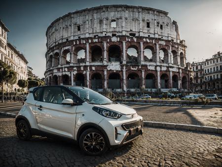 1(drc city car) (red, white and green colors:1.2) in Rome, Colosseo in the behind, masterpiece, best quality, highly detailed background, perfect lighting, best quality, 4k, 8k, ultra highres, raw photo in hdr, sharp focus, intricate texture, ultra masterpiece, high quality, dgtlv2 <lora:drccitycar_v0.3-000003:1>