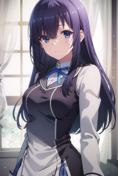 ayaseayatsuji, <lora:ayase ayatsuji s1-lora-nochekaiser:1>,
ayase ayatsuji, long hair, black hair, hair over one eye, (grey eyes:1.3),
BREAK skirt, long sleeves, school uniform, juliet sleeves,
BREAK indoors, classroom,
BREAK looking at viewer, (cowboy shot:1.5),
BREAK <lyco:GoodHands-beta2:1>, (masterpiece:1.2), best quality, high resolution, unity 8k wallpaper, (illustration:0.8), (beautiful detailed eyes:1.6), extremely detailed face, perfect lighting, extremely detailed CG, (perfect hands, perfect anatomy),