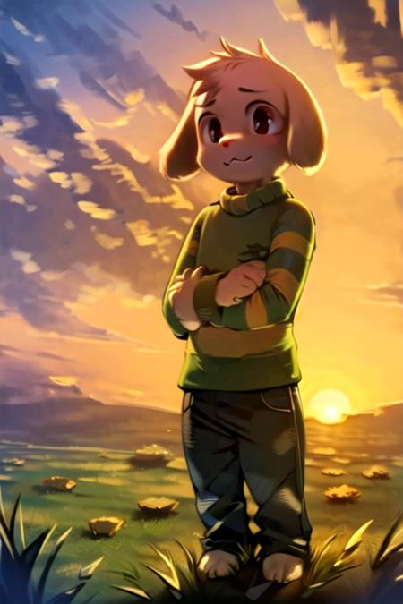 <lora:asriel-30:1>, kid, green t-shirt, grass, sunrise