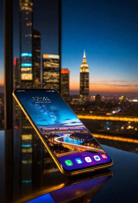 Superior quality, high-tech masterpiece, ultra-high resolution, hyper-realistic, UHD sharpness, depth of detail, smartphone, lying on a sleek glass surface, ambient urban lighting, ultra-modern design, reflective screen, next to, soft cityscape glow, backlit icons, (vivid display light:1.2), subtle shadows under the device